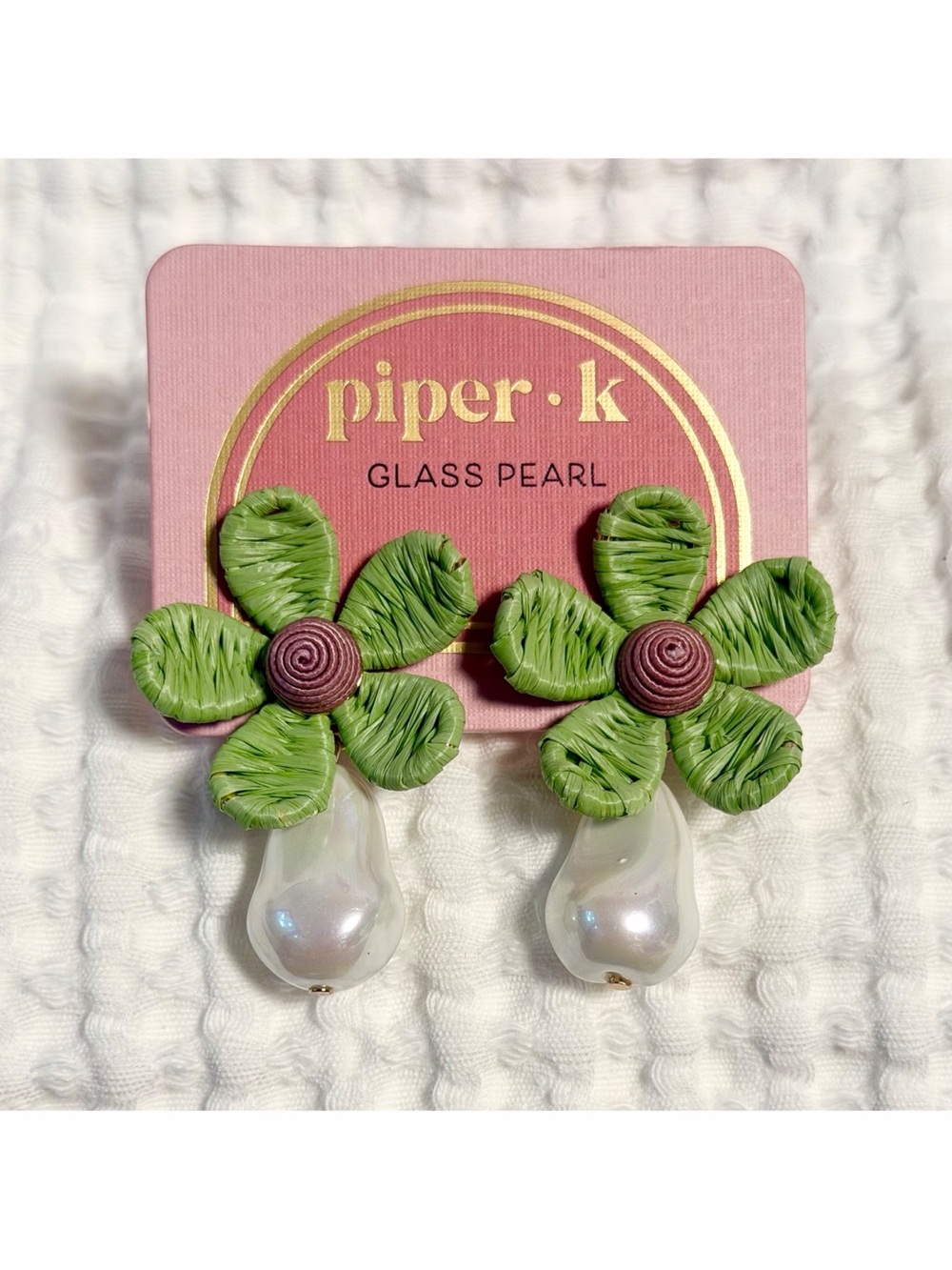 Piper K Raffia Flower Pearl Drop Earrings Nickel Free Green Purple Dopamine NWT